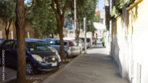 Photography Blurred street scene in rome with cars, trees, and old buildings creating a vivid bokeh effect, showcasing italy's urban charm and historic outdoor atmosphere