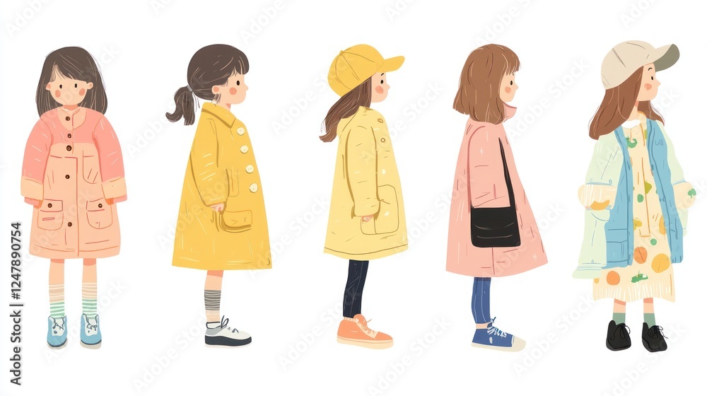 Trendy Female Characters in Stylish Coats and Casual Attire Trendy Female Characters in Stylish Coats and Casual Attire