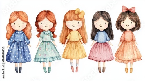 Cute Hand-Drawn Girls in Colorful Dresses with Cheerful Expressions