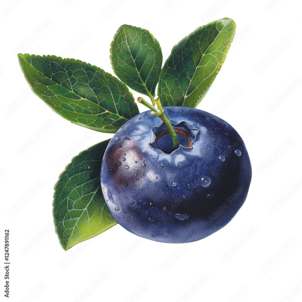 Obraz premium Juicy blueberry with water droplets and green leaves, showcasing freshness and natural beauty. Perfect for healthy eating and culinary uses