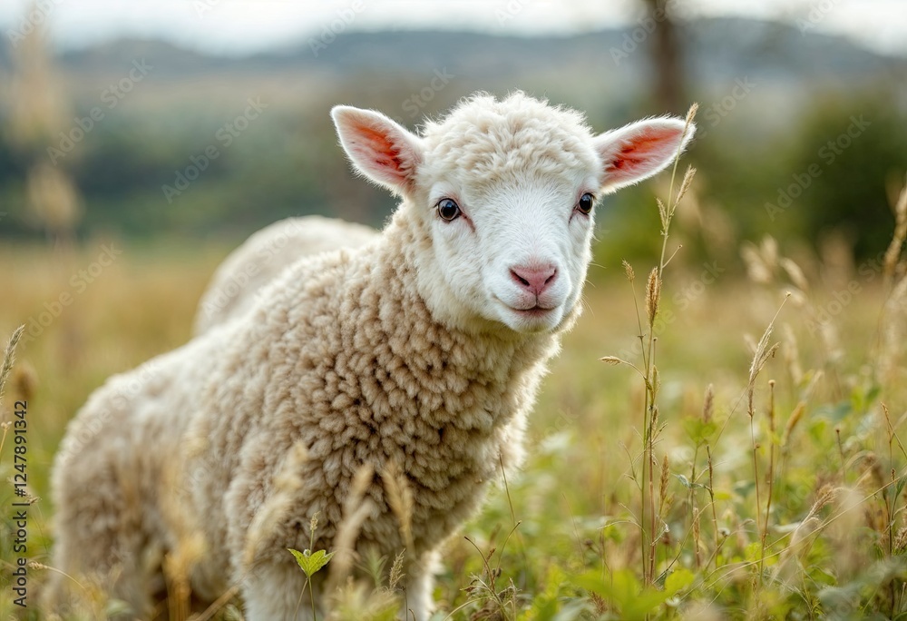beautiful wooly young lamb in a grass pasture beautiful wooly young lamb in a grass pasture