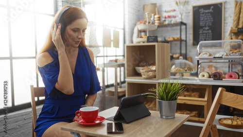 Beautiful young redhead woman wearing blue dress using tablet in a cozy bakery shop with pastries and coffee