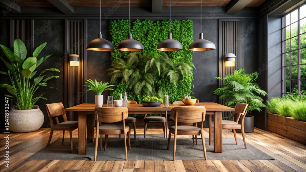 Fototapeta premium Panoramic Dining Room Photography: Black Wall, Wooden Table, Brown Chairs, Green Plants
