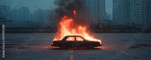 A car engulfed in flames, surrounded by smoke, in an empty parking lot with tall buildings in the background.