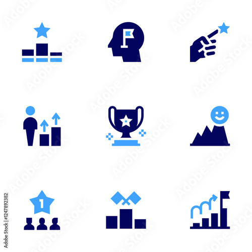 Success icon set. Bold style. Duotone colors. success, career, podium, development, goal, mission, popularity