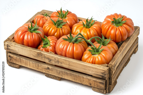 Selective focus red and ripe tomatoes in wooden crate isolated on white background, Fresh harvest sweet tomato in wooden box.