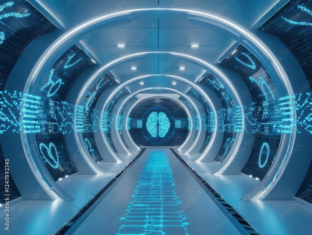 Obraz premium Futuristic digital corridor with glowing blue elements.