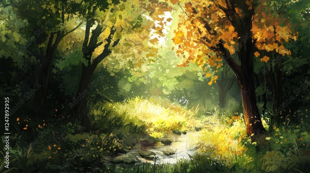 Autumnal Stream in an Enchanting Forest: A Digital Painting of Serene Nature Autumnal Stream in an Enchanting Forest: A Digital Painting of Serene Nature