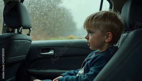 Pequeño niño rubio pensativo sentado en el asiento trasero del auto mirando por la ventana cubierta de lluvia en un día lluvioso photo