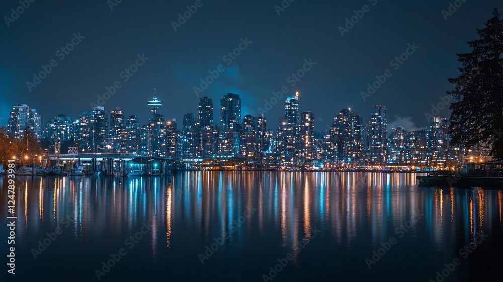Fototapeta premium Night View of Vancouver City Skyline Reflected in Calm Water