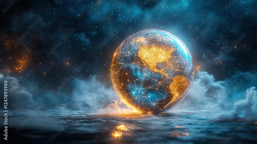 Global network connections, night sky backdrop, cloud base, futuristic concept, website header Global network connections, night sky backdrop, cloud base, futuristic concept, website header