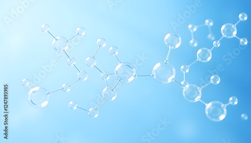 A highly detailed, futuristic molecular structure with transparent, glass-like atoms connected by thin bonds, floating in a blue scientific background. Ideal for themes related to chemistry, nanotechn photo