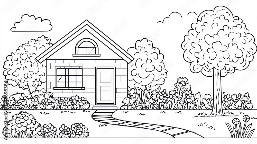 Obraz premium Suburban house, garden, sunny day, coloring page