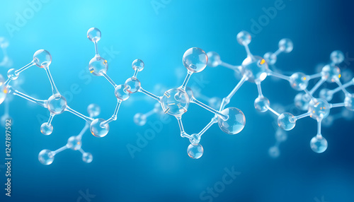 A highly detailed, futuristic molecular structure with transparent, glass-like atoms connected by thin bonds, floating in a blue scientific background. Ideal for themes related to chemistry, nanotechn photo