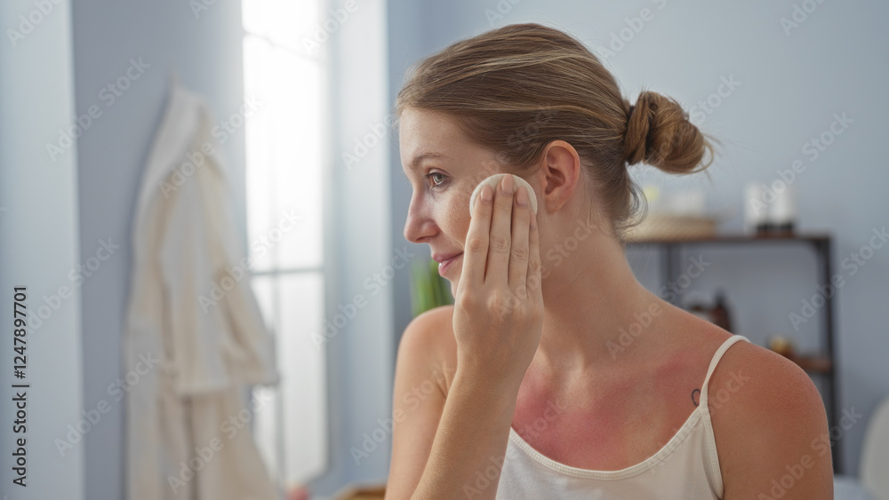 Young blonde woman in a wellness spa treatment room applying skincare product to her face indoors Young blonde woman in a wellness spa treatment room applying skincare product to her face indoors