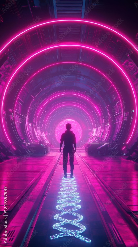 A silhouette in a vibrant, futuristic tunnel with neon lights. A silhouette in a vibrant, futuristic tunnel with neon lights.