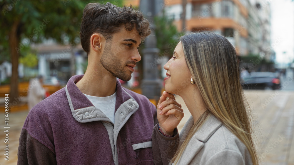 Man gently touching woman's chin as they share a romantic moment outdoors in an urban setting, surrounded by city buildings, conveying love and relationship vibes. Man gently touching woman's chin as they share a romantic moment outdoors in an urban setting, surrounded by city buildings, conveying love and relationship vibes.