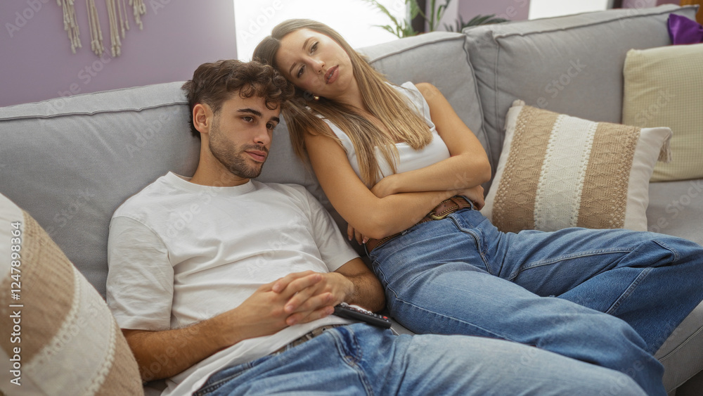 Couple relaxing on a cozy living room sofa with woman leaning on man in a casual indoor setting, expressing warmth and intimacy. Couple relaxing on a cozy living room sofa with woman leaning on man in a casual indoor setting, expressing warmth and intimacy.