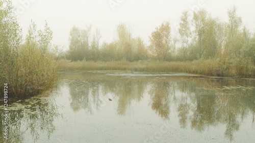Marshy Lakeshore Scene with Wading Birds in Calm Waters