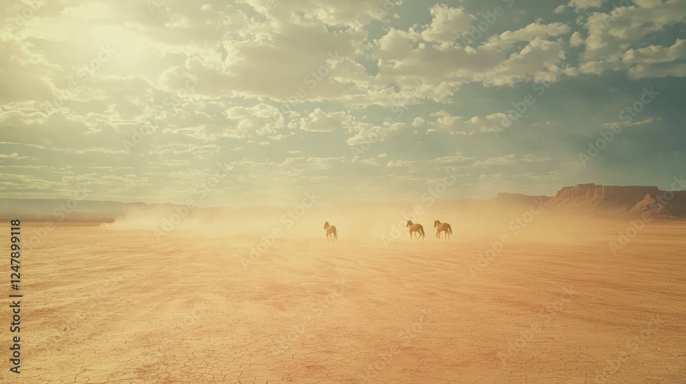 Wild Horses Galloping Across an Open Landscape Under a Vibrant Sky Wild Horses Galloping Across an Open Landscape Under a Vibrant Sky