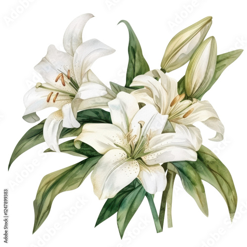 beautiful bouquet of white lilies with green leaves, symbolizing purity and elegance. Perfect for floral arrangements and decorations