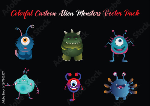 A fun and playful collection of cartoon alien monsters in vibrant colors, perfect for children’s illustrations and sci-fi designs.