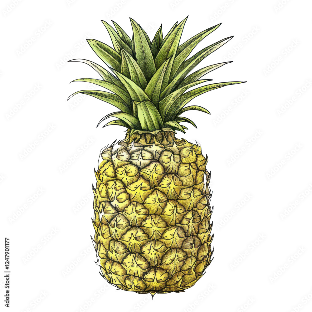 Fototapeta premium Fresh pineapple with green leaves, vibrant yellow skin, and textured surface, perfect for tropical themes and culinary uses