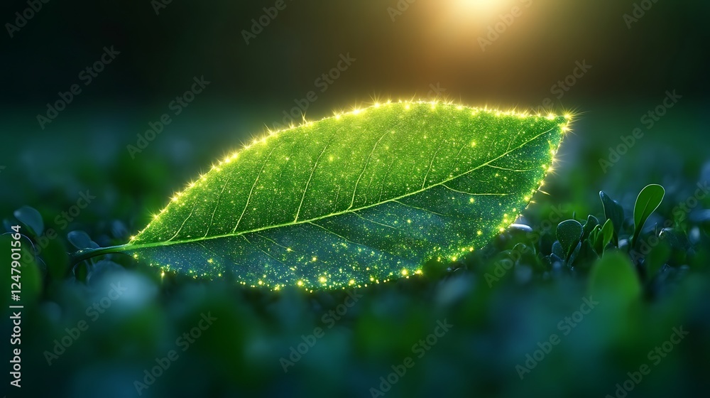 Obraz premium Glowing Green Leaf Resting on Lush Greenery