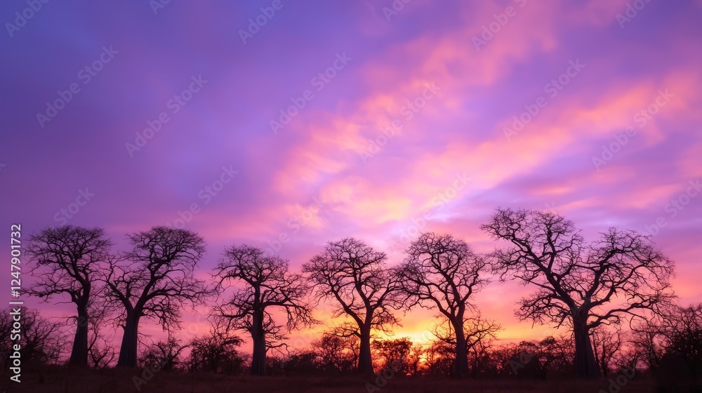 Fototapeta premium Majestic Sunset Behind a Row of Silhouetted Baobab Trees