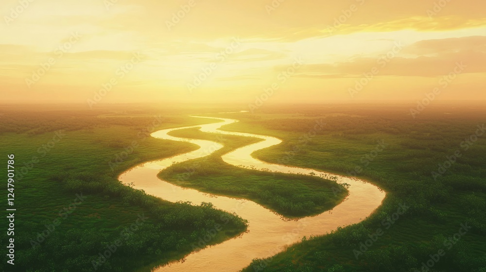 Serpent-like River Meandering Across Lush Green Landscape at Sunset Serpent-like River Meandering Across Lush Green Landscape at Sunset