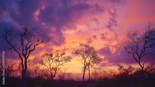 Stunning Sunset with Silhouetted Baobab Trees Against Colorful Sky