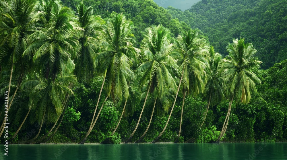 Lush Dense Cluster of Leaning Coconut Palms near Serene Water Body Lush Dense Cluster of Leaning Coconut Palms near Serene Water Body
