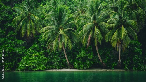 Dense Cluster of Leaning Coconut Palms Near Tranquil Green Water