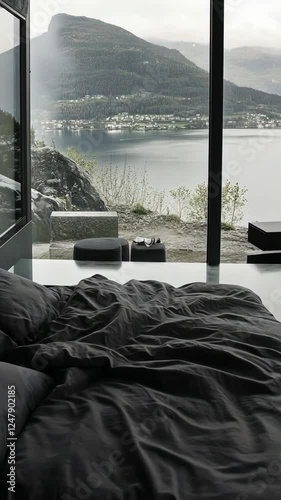 Cozy bedroom with stunning lake view in a modern cabin during a cloudy afternoon