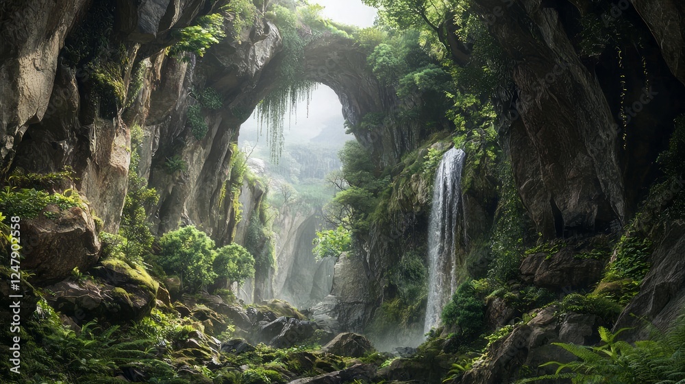 Fototapeta premium Hidden Silvery Waterfall Surrounded by Verdant Jungle Terrain