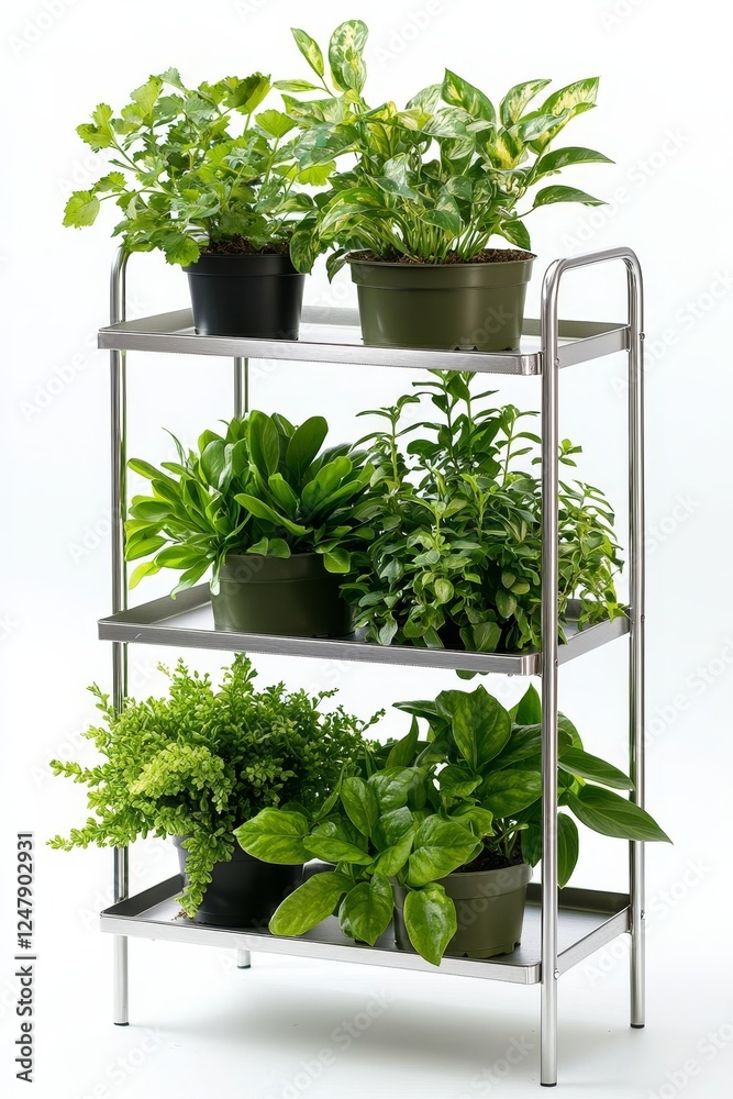 Fototapeta premium Elegant Plant Stand Displaying Lush Greenery with Vibrant Houseplants in Modern Pots, Ideal for Indoor Living Spaces and Decoration