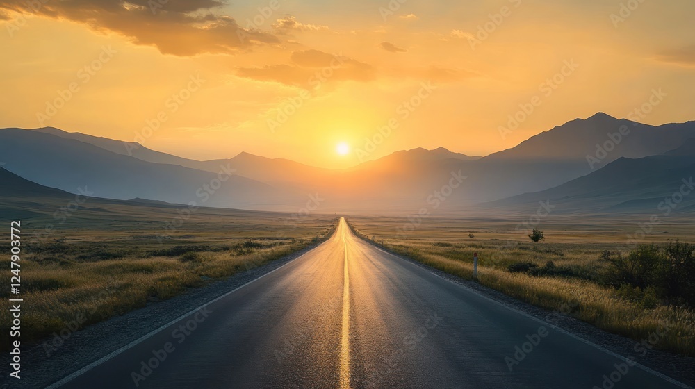 Fototapeta premium Sunset road trip, mountain landscape, journey ahead