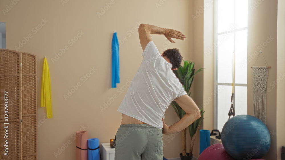 Obraz premium Man stretching in wellness room with yoga mats and exercise balls, bright interior with natural light, showcasing relaxation in a tranquil setting, reinforcing fitness routine.