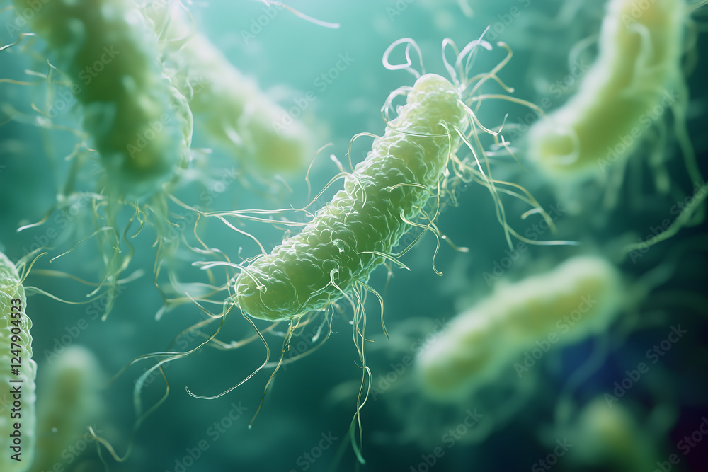Fototapeta premium Microscopic View of Salmonella spp Bacteria with Flagella in Motion