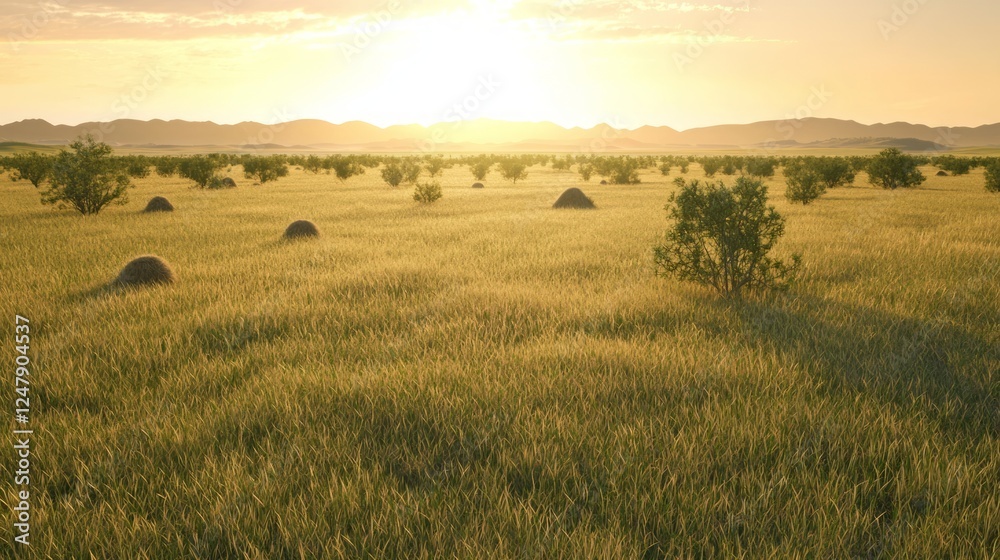 Expansive Grassland Landscape with Dotted Termite Mounds at Sunrise Expansive Grassland Landscape with Dotted Termite Mounds at Sunrise
