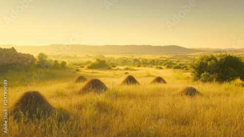 Wallpaper Mural Serene Grassland with Dotted Termite Mounds in Golden Light Torontodigital.ca