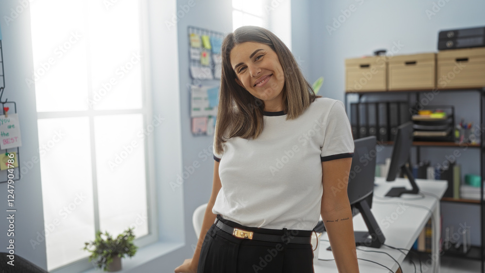 Young woman smiling in an office setting with a background of desk, computer, and organized workspace, exuding a professional yet relaxed atmosphere Young woman smiling in an office setting with a background of desk, computer, and organized workspace, exuding a professional yet relaxed atmosphere