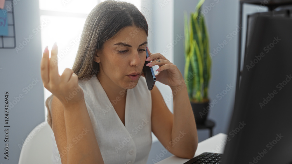 Young woman talking on the phone in an office while working on a computer showcasing a professional and focused environment Young woman talking on the phone in an office while working on a computer showcasing a professional and focused environment