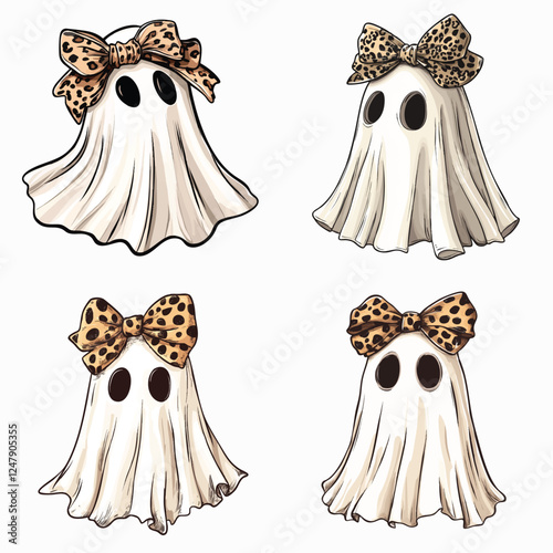 Cute Ghost with Leopard Print Bow - Halloween Clipart Vector Illustration Set