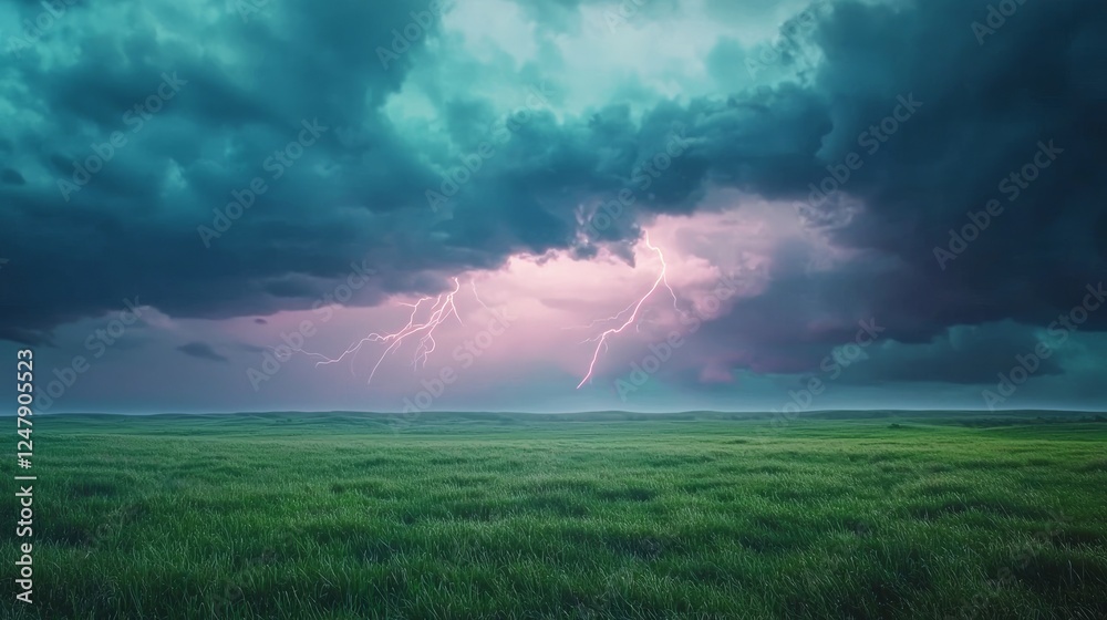Fototapeta premium Dramatic Lightning Strikes Over Broad Grassy Field at Dusk