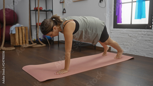 Young woman performing a plank exercise on a pink mat in an indoor gym with sports equipment and ropes in the background