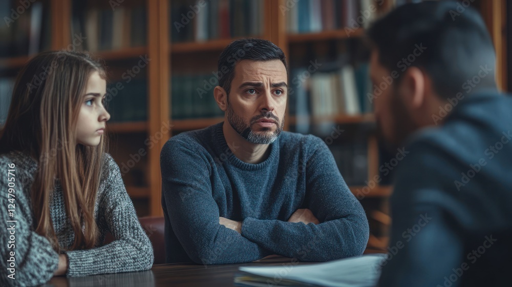 Intimate setting in family court, judge overseeing a sensitive case with families Intimate setting in family court, judge overseeing a sensitive case with families