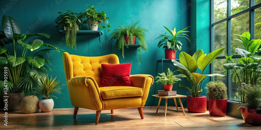 Obraz premium Yellow Armchair Red Cushion Green Plants Turquoise Walls Interior Design Photography