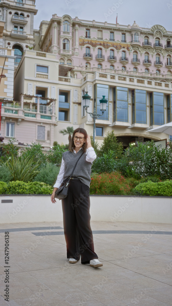 Woman smiling outdoors in monaco with luxurious backdrop featuring beautiful architecture, greenery and european charm, capturing a stylish young atmosphere. Woman smiling outdoors in monaco with luxurious backdrop featuring beautiful architecture, greenery and european charm, capturing a stylish young atmosphere.