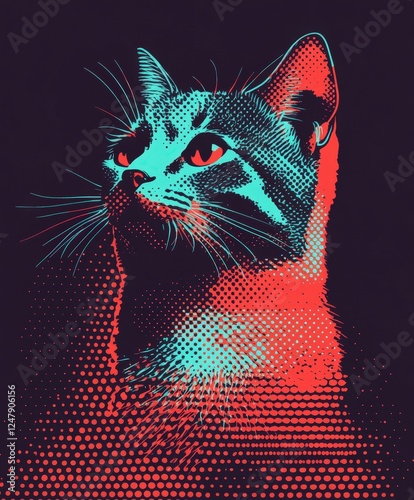 Colorful Pop Art Cat Portrait with Retro Halftone Design